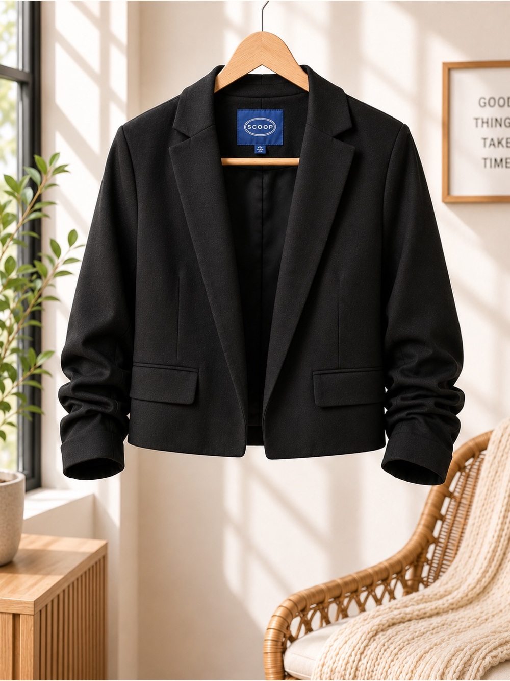 Scoop Women's Black Scrunch Sleeve Scuba Blazer